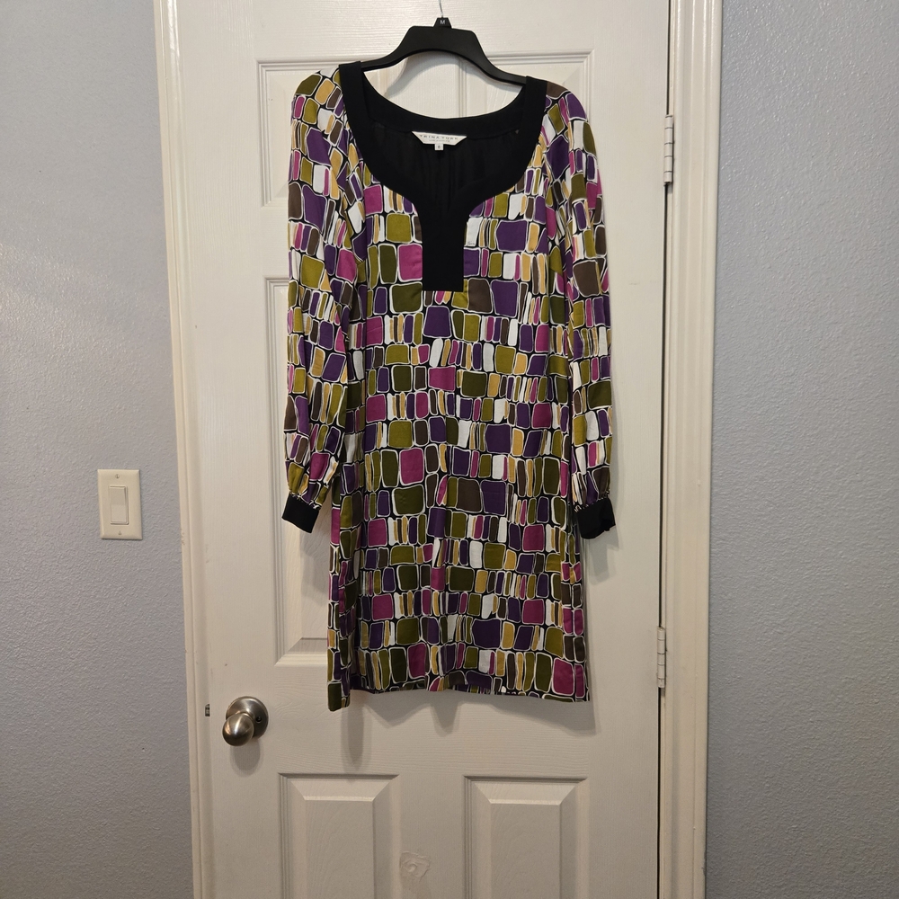 Trina Turk Purple Olive Black Geometric Print Midi Dress